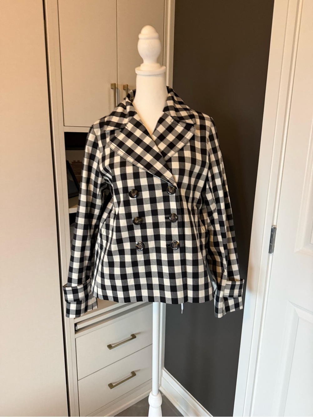 Ann Taylor Black and White Gingham Double-Breasted Peacoat